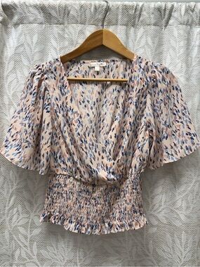 nine britton Pink Multi V-Neck Smocked Flutter Sleeve Blouse